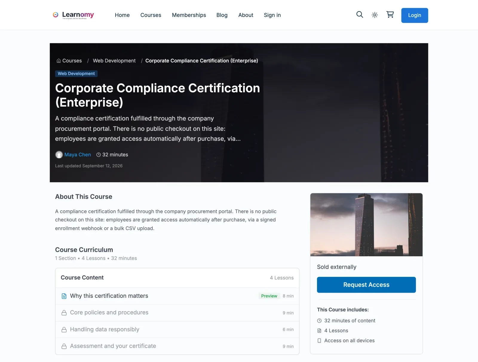 Course page set to Access granted externally, showing Sold externally and a Request Access button