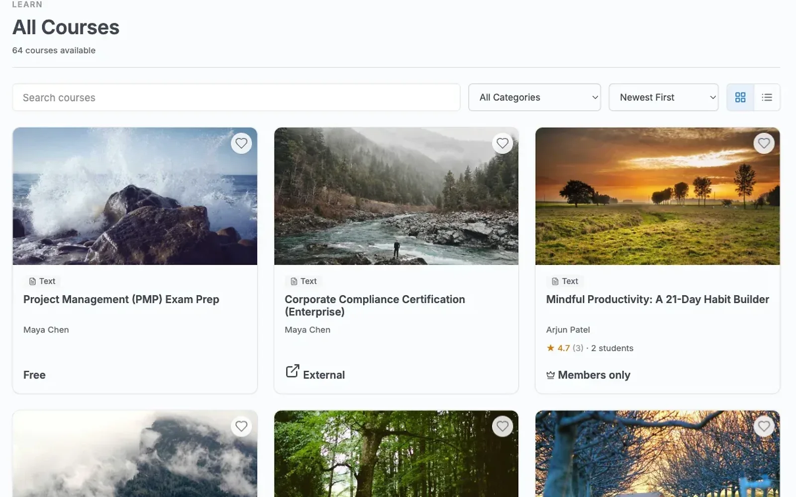 Course catalog with search, filters and course cards